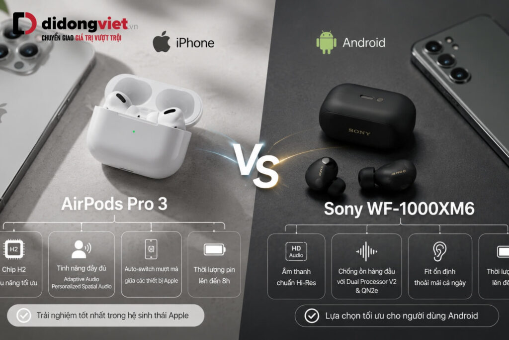 So sánh Sony WF-1000XM6 và AirPods Pro 3 để chọn tai nghe phù hợp 7 So sánh sự tương thích của AirPods Pro 3 với iPhone và Sony WF-1000XM6 với điện thoại Android