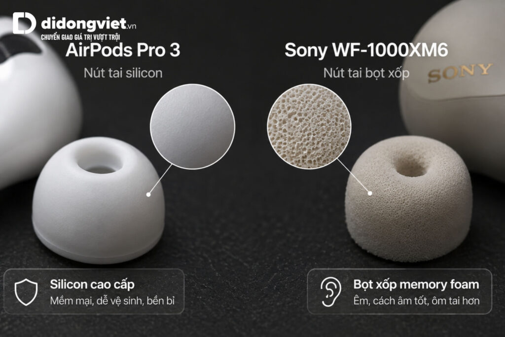 So sánh Sony WF-1000XM6 và AirPods Pro 3 để chọn tai nghe phù hợp 8 Cận cảnh nút tai silicon của Apple AirPods Pro 3 và mút bọt xốp của Sony WF-1000XM6