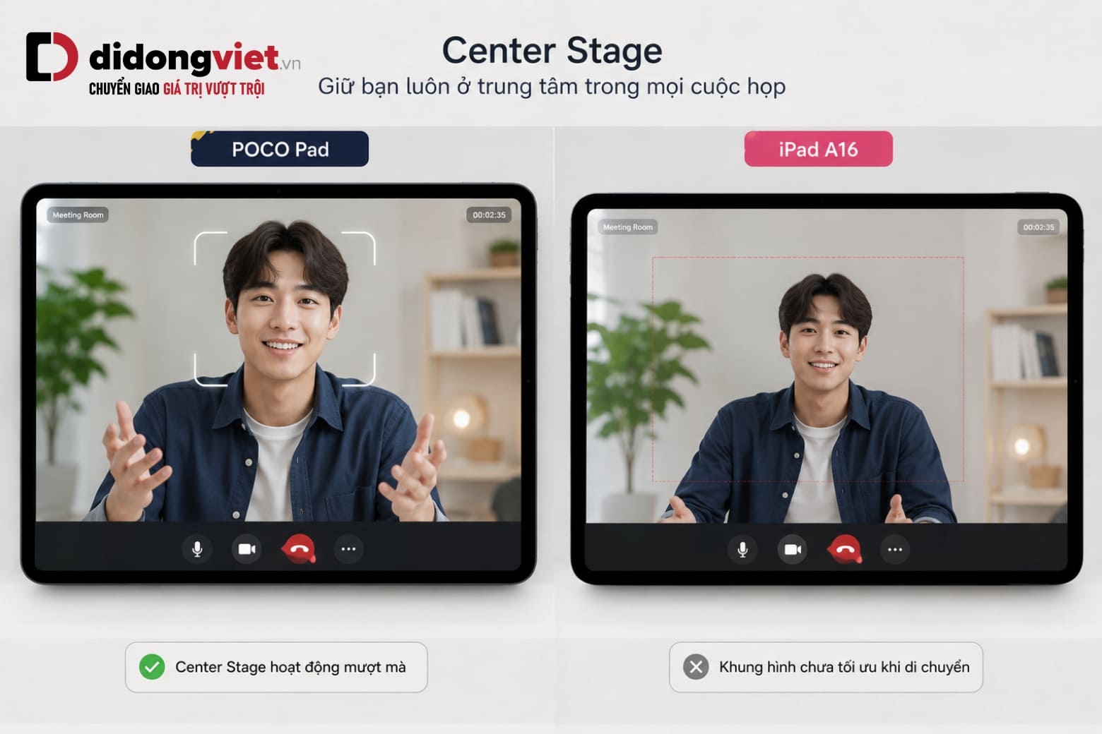 So sánh Xiaomi POCO Pad M1 và iPad A16 để tìm ra lựa chọn phù hợp nhu cầu 8 Tính năng Center Stage hỗ trợ camera tự động theo dõi chủ thể trên iPad A16