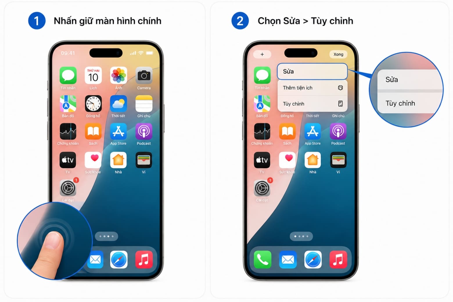 Hướng dẫn tạo icon cho iPhone đẹp và mượt mà 9 Chọn Sửa ở góc trên bên trái, sau đó nhấn Tùy chỉnh