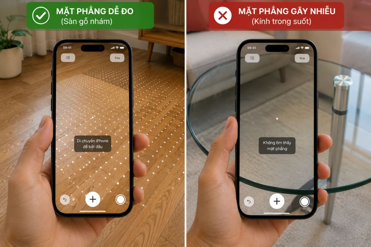 Hướng dẫn dùng thước đo trên iPhone và sự khác biệt giữa camera thường với cảm biến LiDAR 12 Sự khác biệt khi ứng dụng AR quét mặt phẳng gỗ và mặt phẳng kính