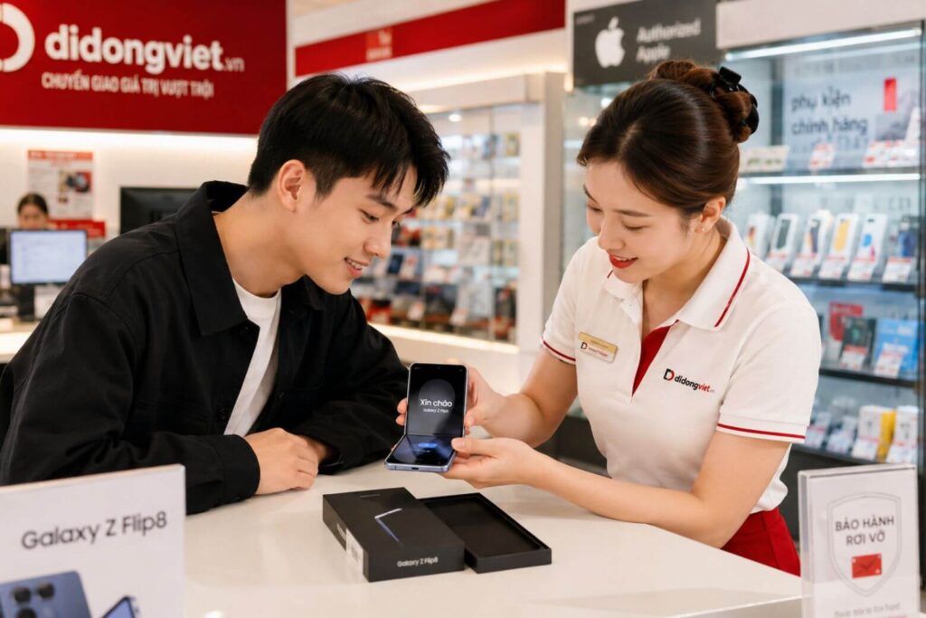 Trải nghiệm quay chụp FlexCam trên Samsung Z Flip8 thực tế 8 Khách hàng lên đời và đập hộp Galaxy Z Flip8 chính hãng VN/A tại Di Động Việt