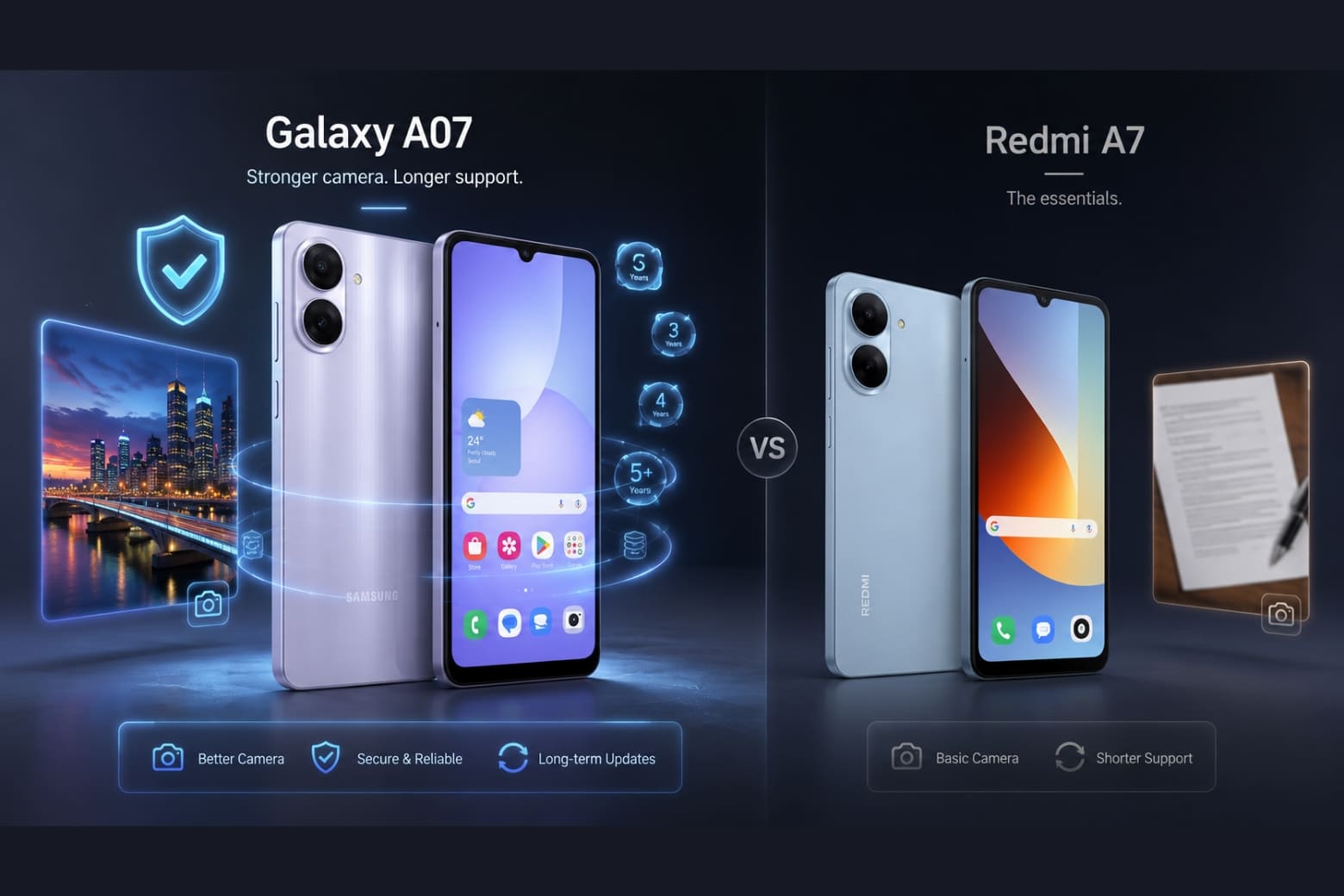 So sánh Xiaomi Redmi A7 và Samsung Galaxy A07 dựa trên hiệu năng và trải nghiệm thực tế 8 Chất lượng camera và chính sách cập nhật phần mềm dài hạn