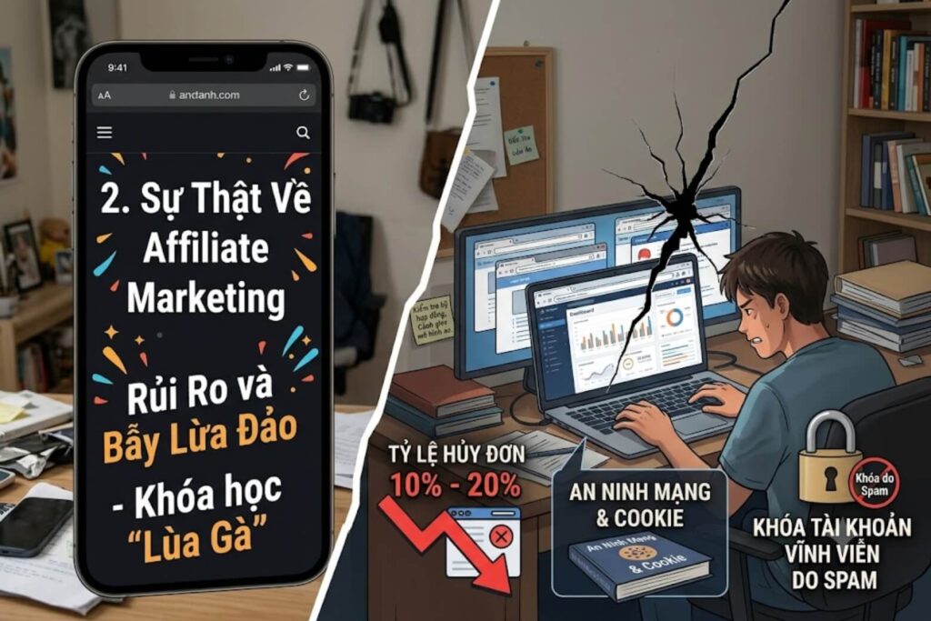 Affiliate là gì? Bản chất, rủi ro và hành trang thực chiến cho người mới kinh doanh online 6 Người mới cần cảnh giác lừa đảo, hủy đơn, giật link và khóa tài khoản, vì doanh thu hiển thị chưa chắc là thu nhập thực nhận.