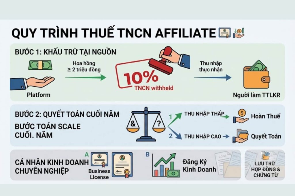 Affiliate là gì? Bản chất, rủi ro và hành trang thực chiến cho người mới kinh doanh online 7 Thu nhập Affiliate chịu quản lý thuế; hoa hồng từ 2 triệu đồng/lần chi trả có thể bị khấu trừ 10% TNCN