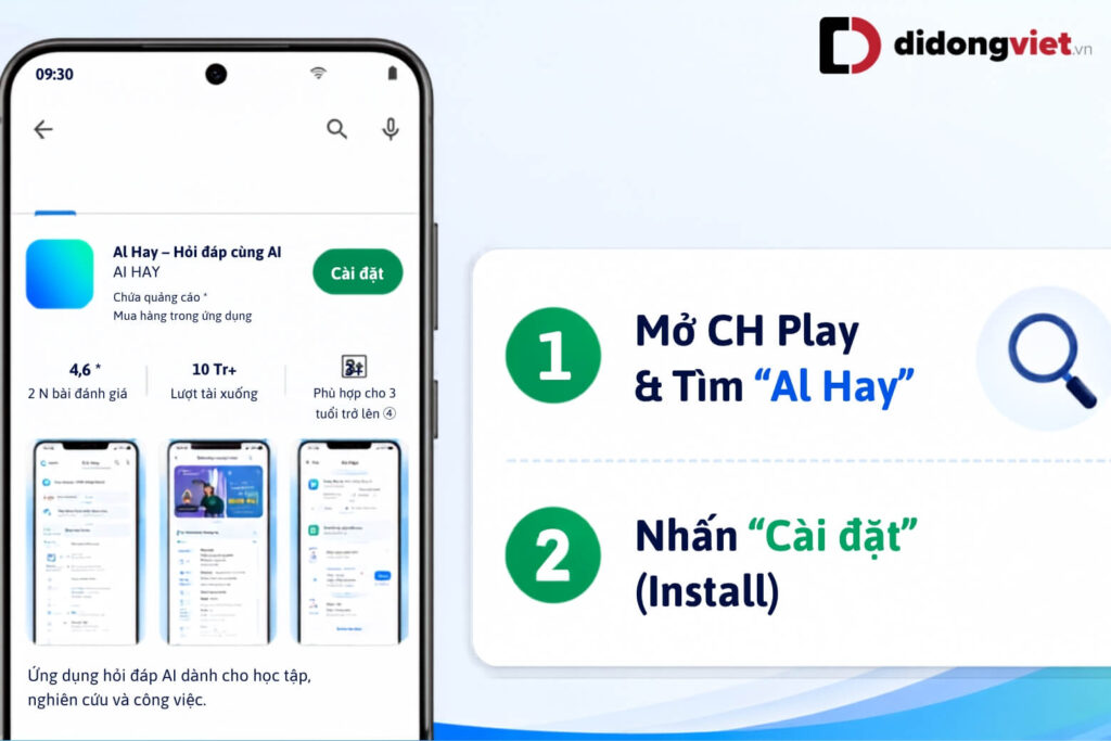 AI Hay là gì? Trợ lý hỏi đáp và mạng xã hội AI thông minh cho người Việt 15 Mở CH Play, tìm đúng AI Hay của nhà phát triển AI HAY rồi nhấn “Cài đặt”.