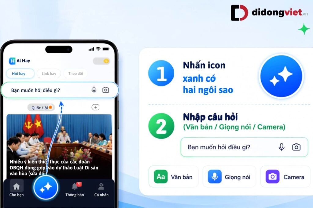 AI Hay là gì? Trợ lý hỏi đáp và mạng xã hội AI thông minh cho người Việt 16 Mở AI Hay, chọn biểu tượng AI và nhập câu hỏi bằng văn bản, giọng nói hoặc hình ảnh.