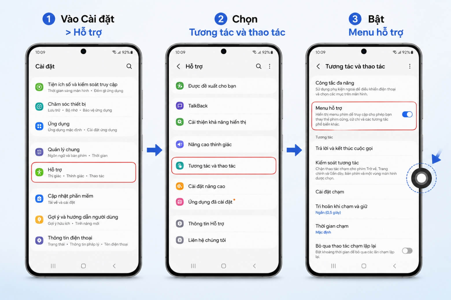 Hướng dẫn cài đặt nút Home Samsung và thanh điều hướng trên One UI 8.5 9 Bật nút Home Samsung ảo qua Menu hỗ trợ