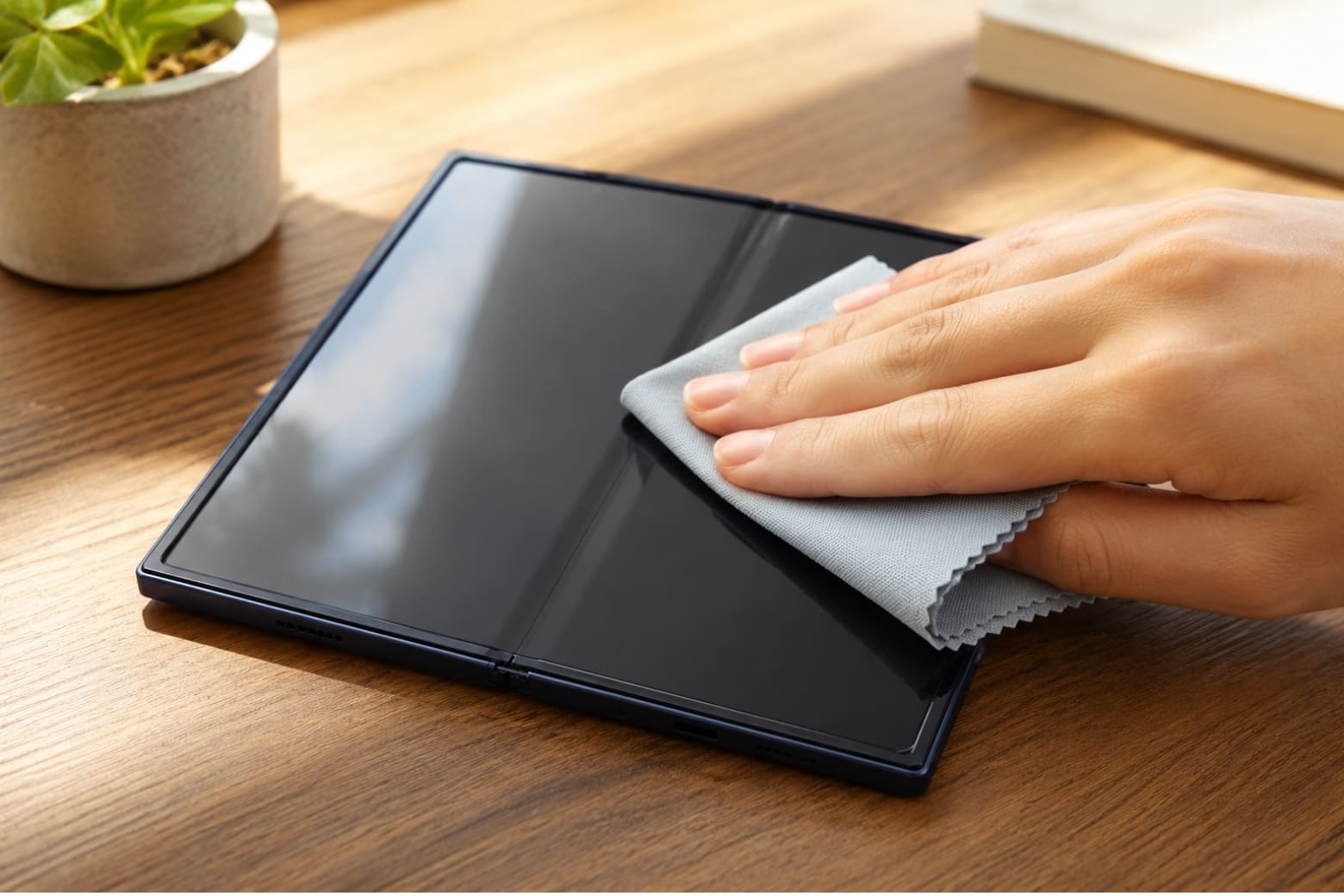Cách bảo vệ màn hình Galaxy Z Fold8 series với 3 tầng chống rủi ro từ hãng 5 Dùng khăn microfiber vệ sinh bề mặt màn hình Galaxy Z Fold8 trước khi gập máy