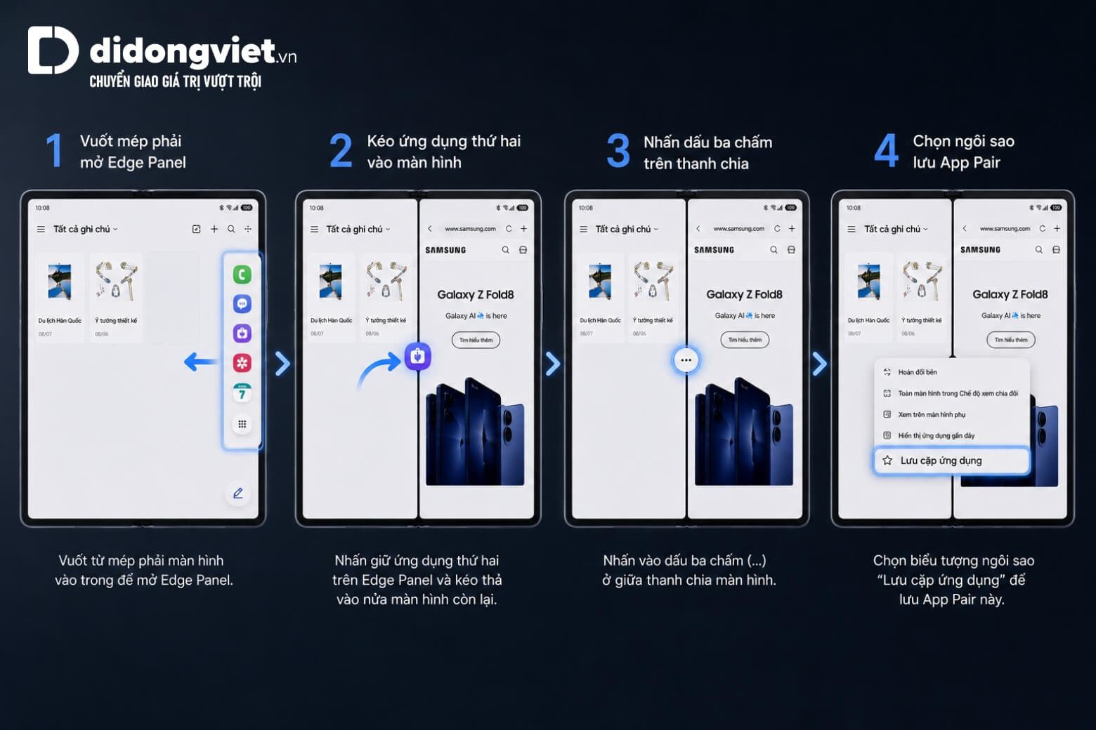 Hướng dẫn cách chia đôi màn hình trên Samsung Galaxy Z Fold8 Series đơn giản 8 Cách chia đôi màn hình trên Samsung Galaxy Z Fold8 Series lưu App Pair