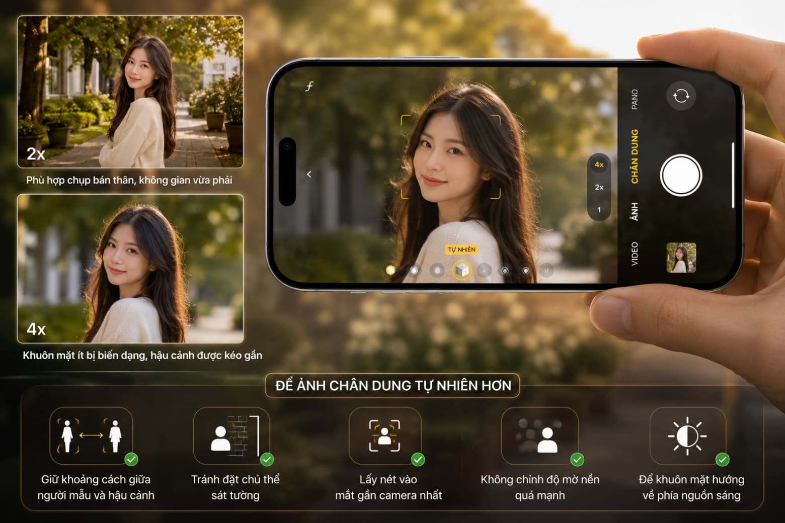 Cách chụp ảnh đẹp trên iPhone 17 Pro với 10 mẹo đơn giản nhất 8 Tiêu cự 2x và 4x giúp khuôn mặt cân đối, hậu cảnh hài hòa hơn