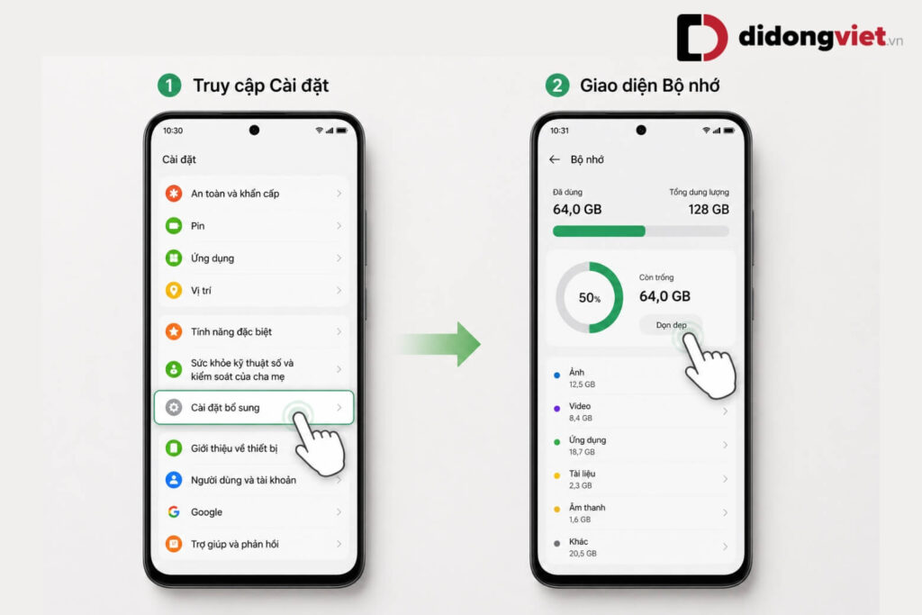 Cách giải phóng dung lượng OPPO cực đơn giản giúp máy chạy mượt mà 8 Vào Cài đặt > Cài đặt bổ sung > Bộ nhớ để kiểm tra dung lượng OPPO còn trống.