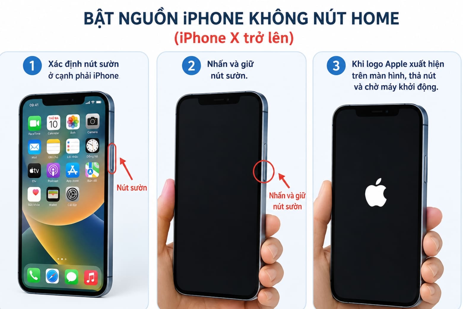 Cách mở nguồn iPhone mọi dòng nhanh, đúng chuẩn Apple 2026 12 Chỉ cần giữ nút sườn bên phải đến khi logo Apple xuất hiện trên màn hình