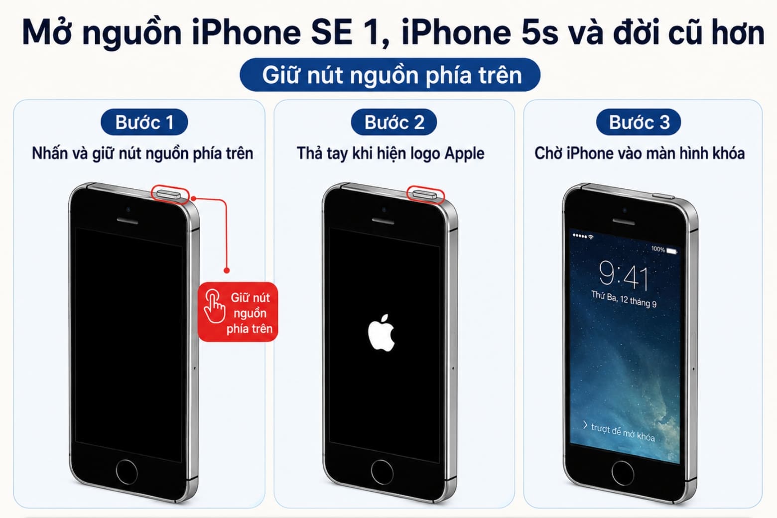 Cách mở nguồn iPhone mọi dòng nhanh, đúng chuẩn Apple 2026 14 Với các mẫu iPhone cũ, nút nguồn nằm phía trên và thao tác bật máy cũng rất đơn giản