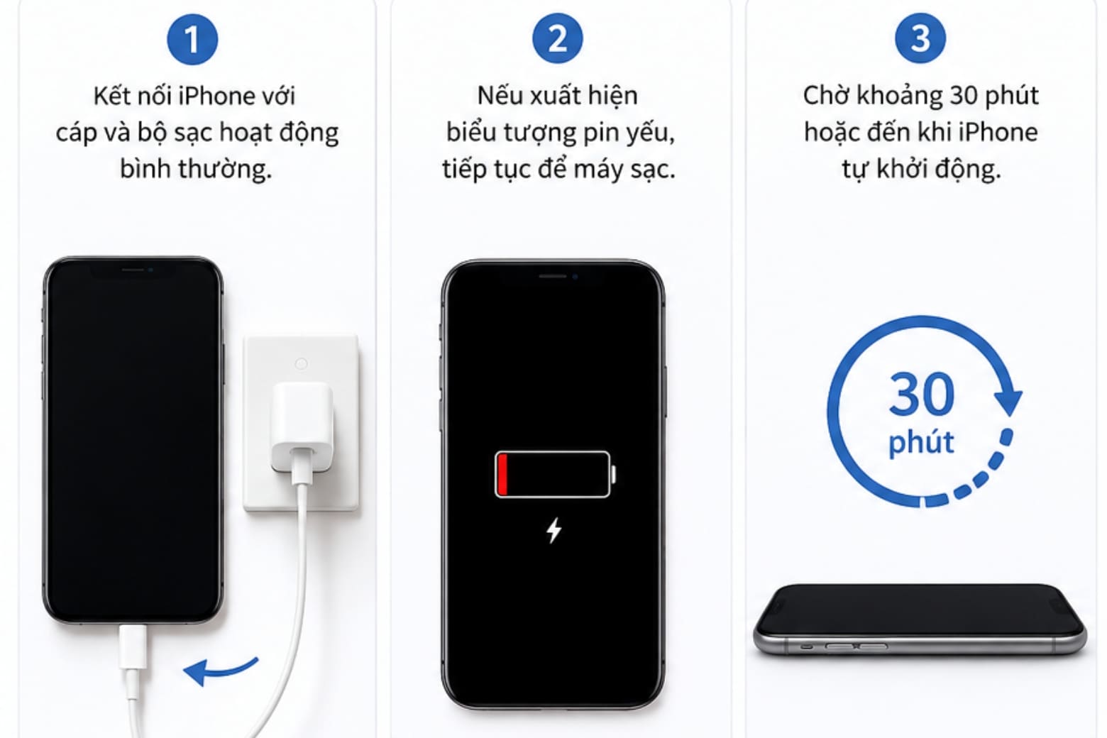 Cách mở nguồn iPhone mọi dòng nhanh, đúng chuẩn Apple 2026 15 Khi iPhone không lên nguồn do cạn pin, hãy sạc thiết bị đủ lâu trước khi thử khởi động lại