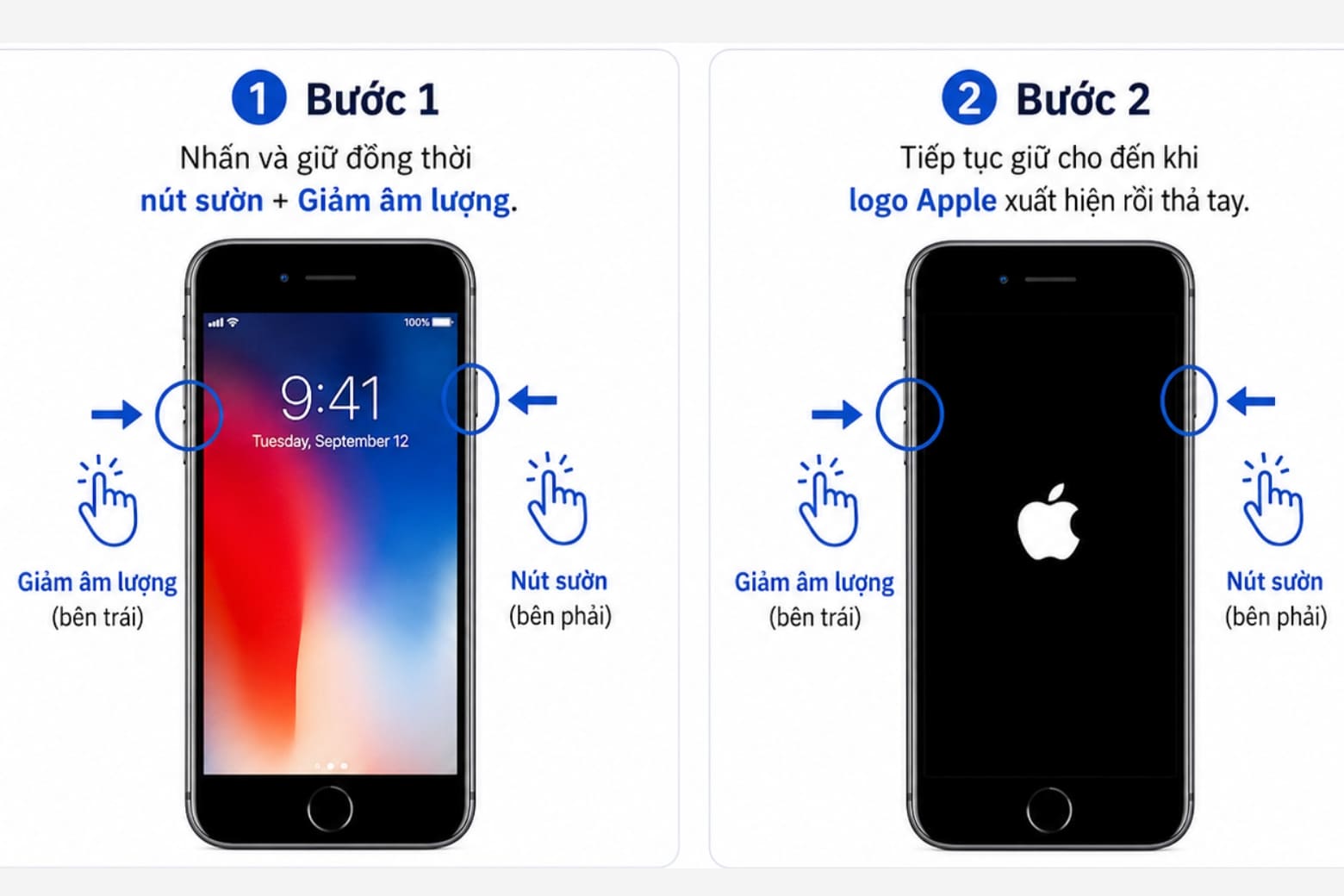 Cách mở nguồn iPhone mọi dòng nhanh, đúng chuẩn Apple 2026 18 Nhấn giữ đồng thời nút sườn + nút Giảm âm lượng đến khi logo Apple xuất hiệ