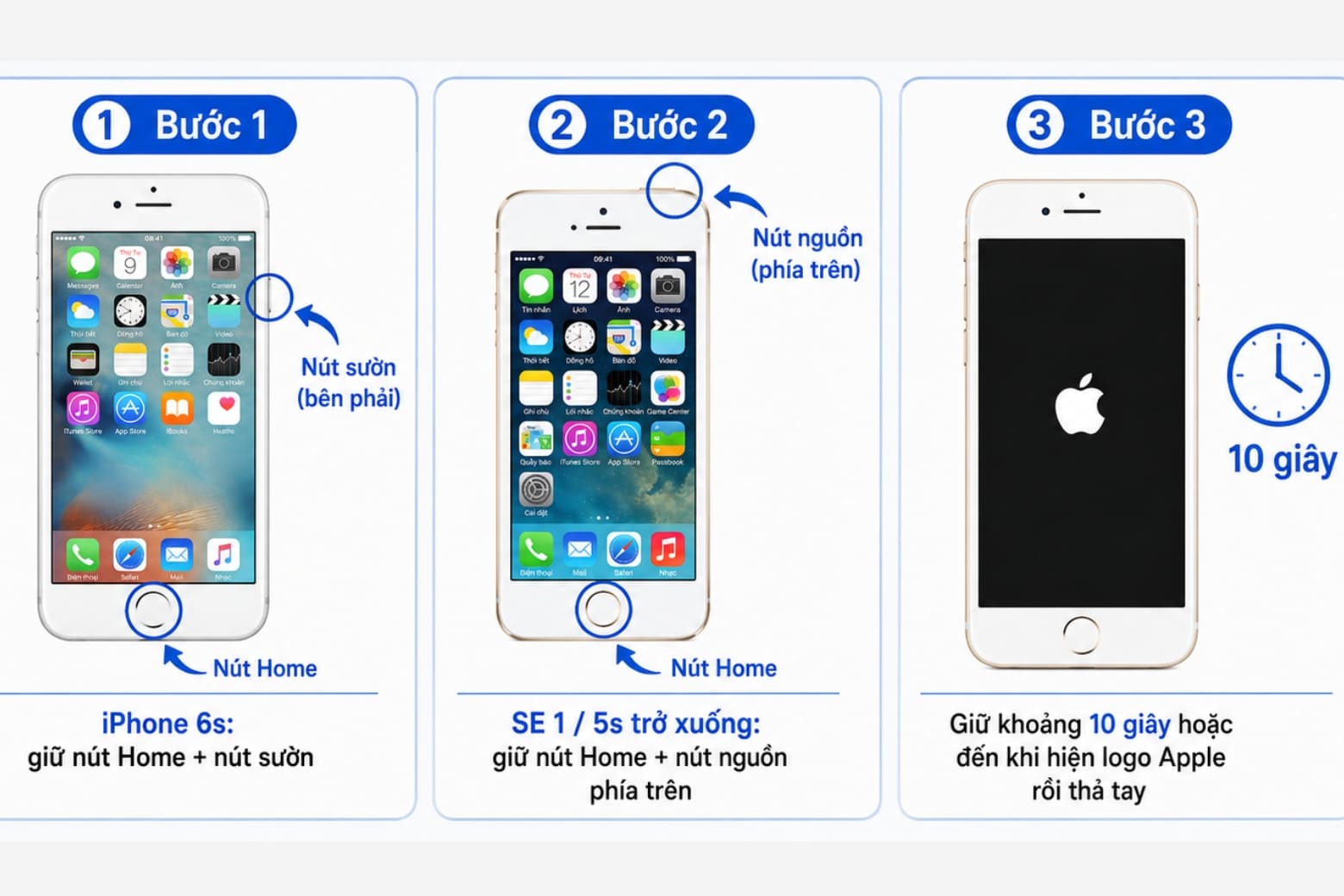 Cách mở nguồn iPhone mọi dòng nhanh, đúng chuẩn Apple 2026 19 Nhấn giữ đồng thời nút Home + nút sườn/nút nguồn đến khi logo Apple xuất hiện