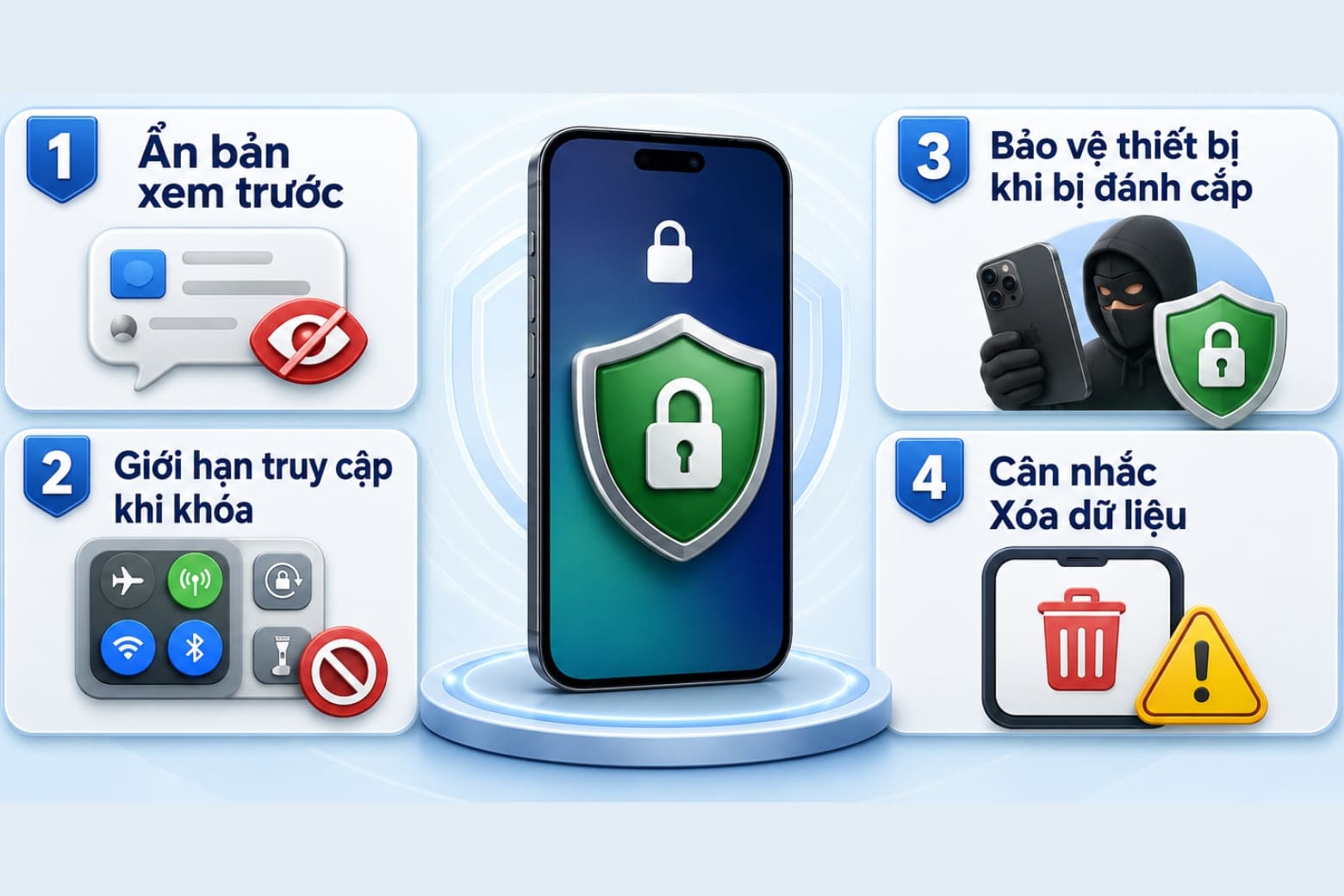 Cài đặt khoá màn hình iPhone bằng mật mã, Face ID 22 Kiểm tra thêm các thiết lập để hạn chế lộ dữ liệu khi khóa