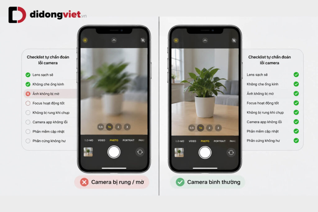 Hướng dẫn xử lý tình trạng camera iPhone bị rung và kêu rè rè 6 so sánh màn hình camera iPhone bị rung và bình thường để chẩn đoán lỗi
