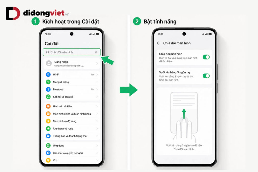 Hướng dẫn cách chia đôi màn hình OPPO đơn giản, nhanh chóng nhất 2026 11 Vào Cài đặt, bật Chia đôi màn hình và kích hoạt cử chỉ vuốt lên bằng 3 ngón tay.