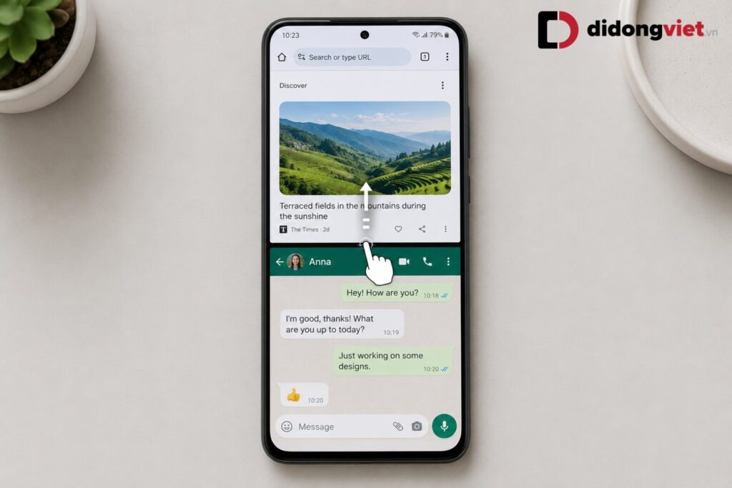 Hướng dẫn cách chia đôi màn hình OPPO đơn giản, nhanh chóng nhất 2026 17 Kéo thanh phân cách giữa hai ứng dụng để tùy chỉnh tỷ lệ hiển thị theo nhu cầu.