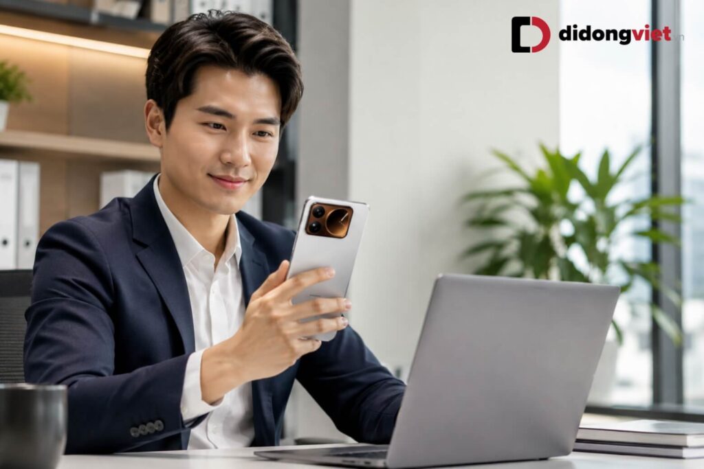 Có nên mua REDMI Note 17 Pro Max 5G? Đánh giá thông số trước ngày ra mắt chính thức 5 Người dùng cầm điện thoại Redmi Note 17 Pro Max 5G làm việc trong văn phòng sáng sủa