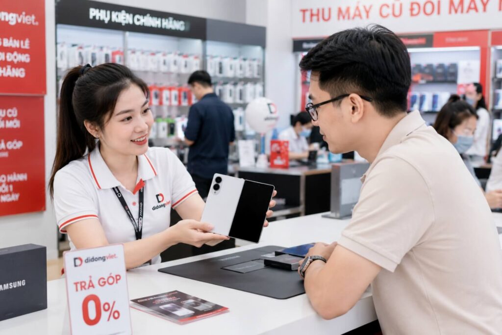Đánh giá vật liệu Flex Titanium trên Samsung Galaxy Z Fold8 và những lưu ý khi nâng cấp 6 Khách hàng trải nghiệm và nghe tư vấn chính sách bảo hành điện thoại gập tại Di Động Việt