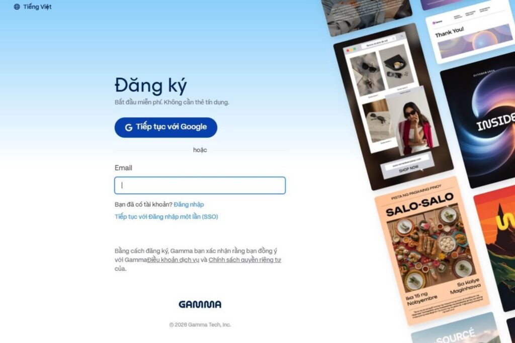 Gamma AI là gì? Cách sử dụng Gamma AI làm slide thuyết trình chuyên nghiệp chỉ trong vài phút 16 Truy cập Gamma.app, đăng ký hoặc đăng nhập tài khoản để bắt đầu sử dụng.