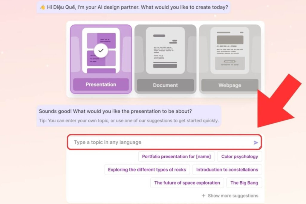 Gamma AI là gì? Cách sử dụng Gamma AI làm slide thuyết trình chuyên nghiệp chỉ trong vài phút 17 Chọn Presentation (Thuyết trình) để bắt đầu tạo slide.