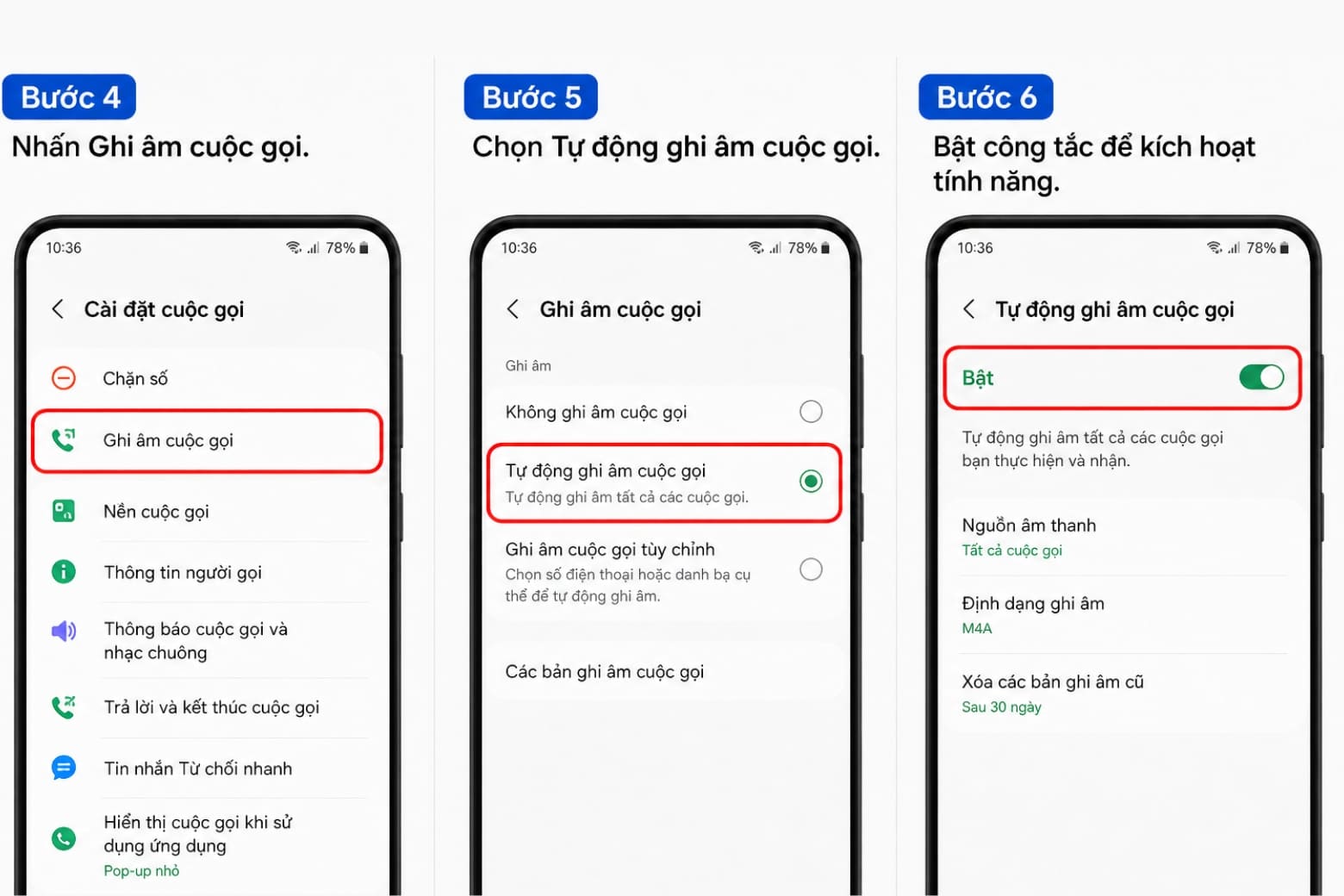 Ghi âm cuộc gọi Samsung: Cách bật, lưu và nghe lại 13 Chọn Ghi âm cuộc gọi > Tự động ghi âm > bật tính năng