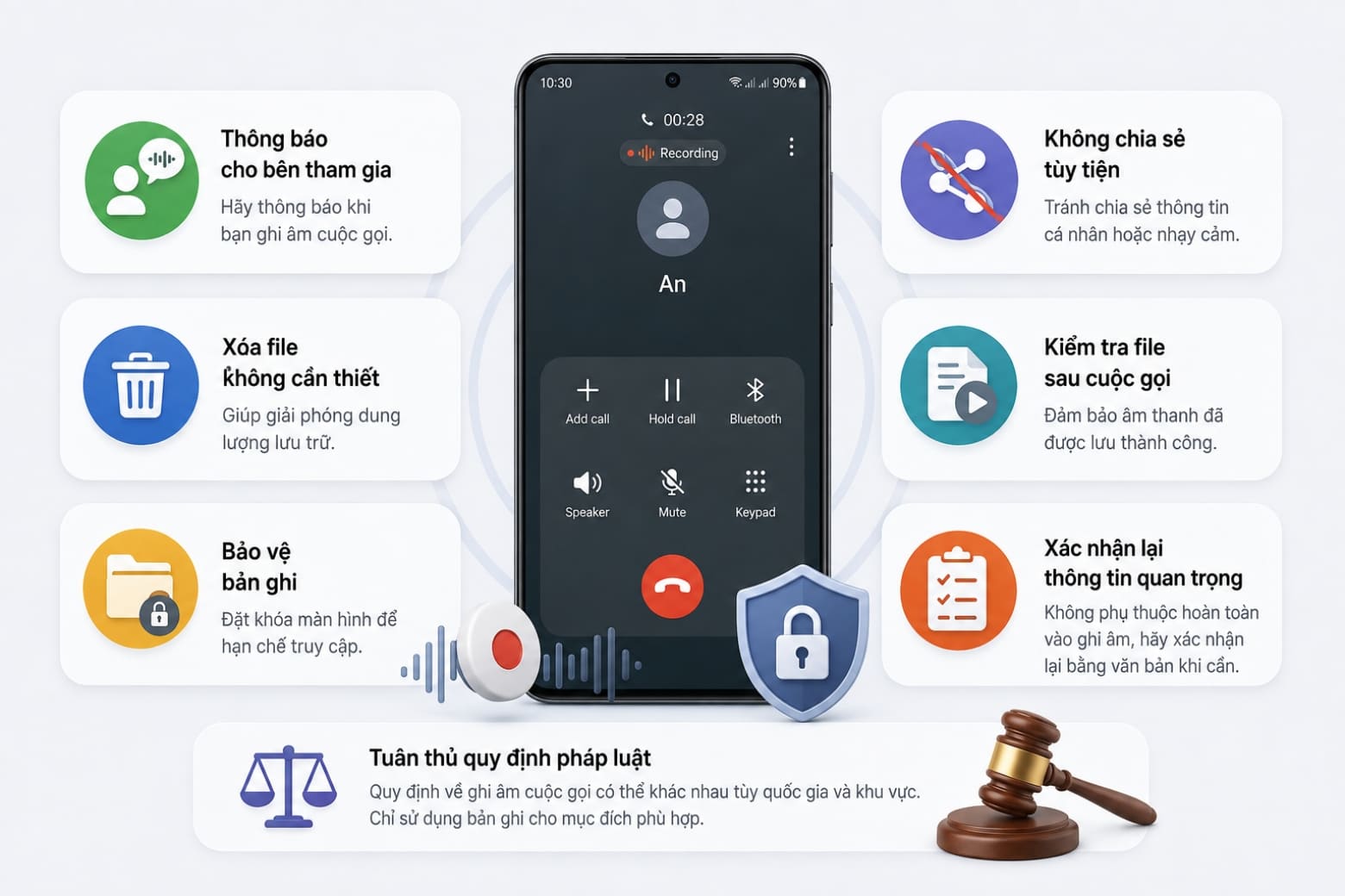 Ghi âm cuộc gọi Samsung: Cách bật, lưu và nghe lại 18 Ghi âm đúng cách giúp bảo vệ quyền riêng tư và hạn chế rủi ro khi sử dụng
