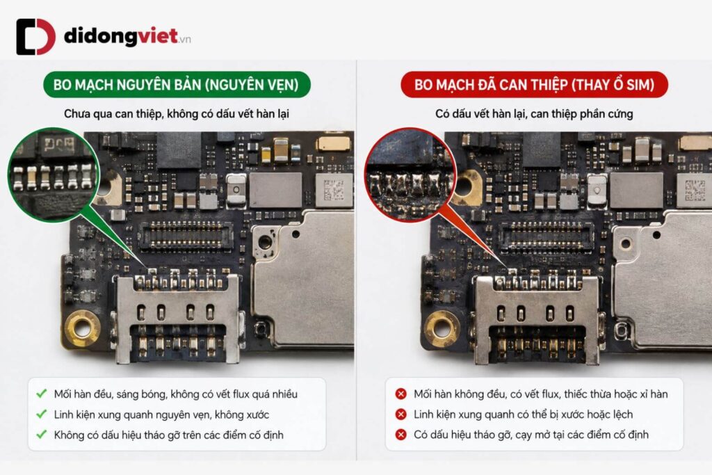 iPhone 2 SIM: Phân loại, lưu ý chọn hàng xách tay và hướng dẫn sử dụng 6 Khác biệt giữa mainboard iPhone nguyên bản và mainboard đã bị can thiệp thay khay SIM