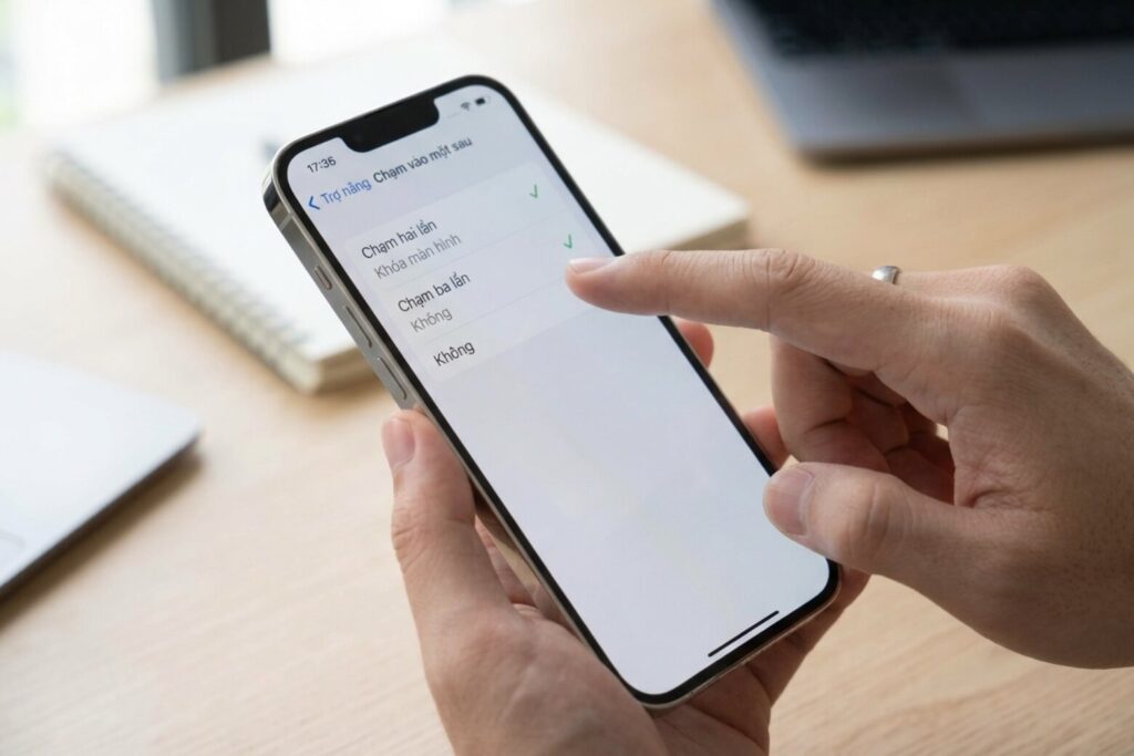 Tính năng khoá màn hình iPhone: 5 cách cài đặt và xử lý lỗi 16 khoa man hinh iphone cham vao mat lung may buoc 3 didongviet