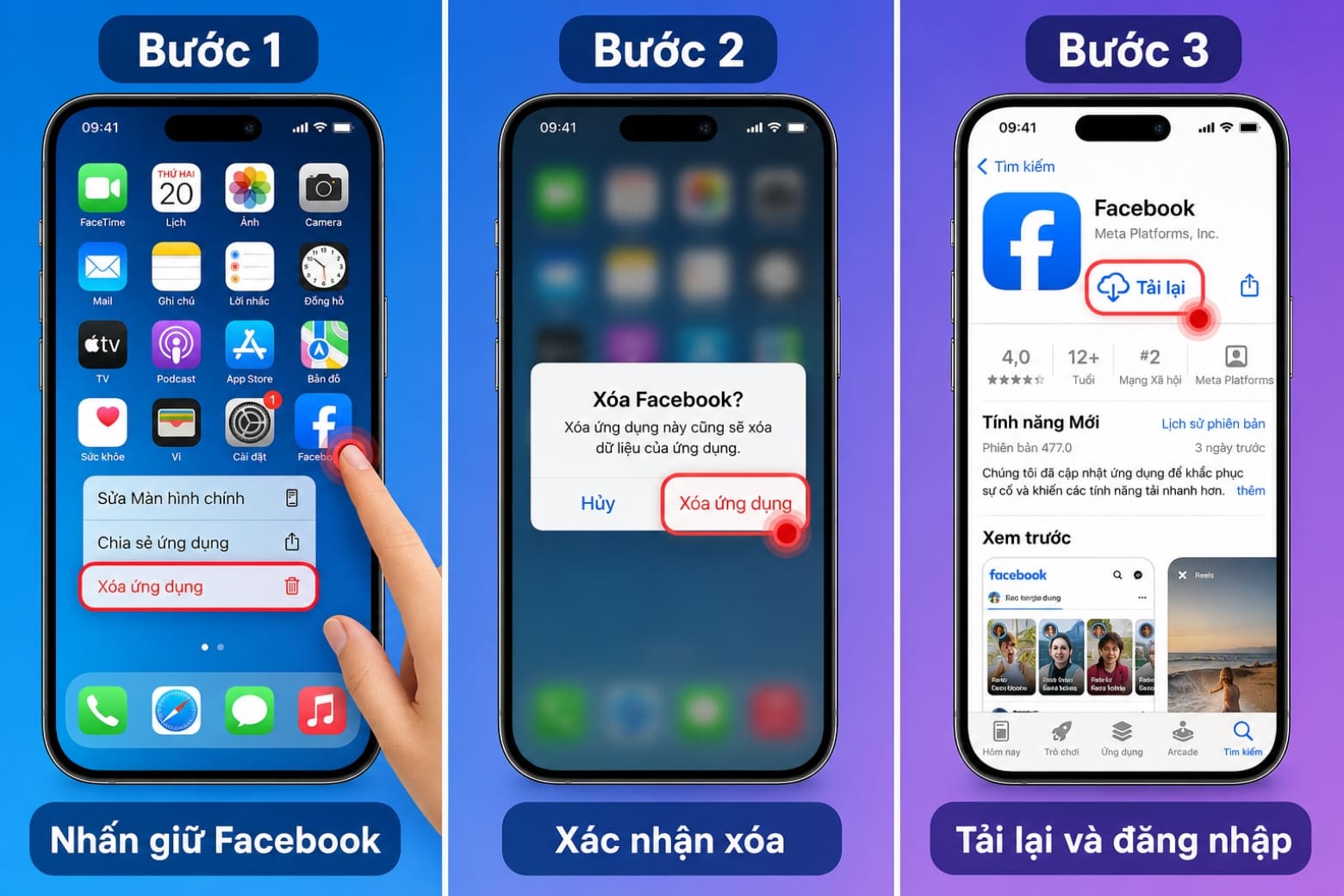Không xem được video trên Facebook iPhone: Nguyên nhân và 11 cách sửa 23 Cài lại Facebook giúp loại bỏ dữ liệu ứng dụng có thể bị lỗi