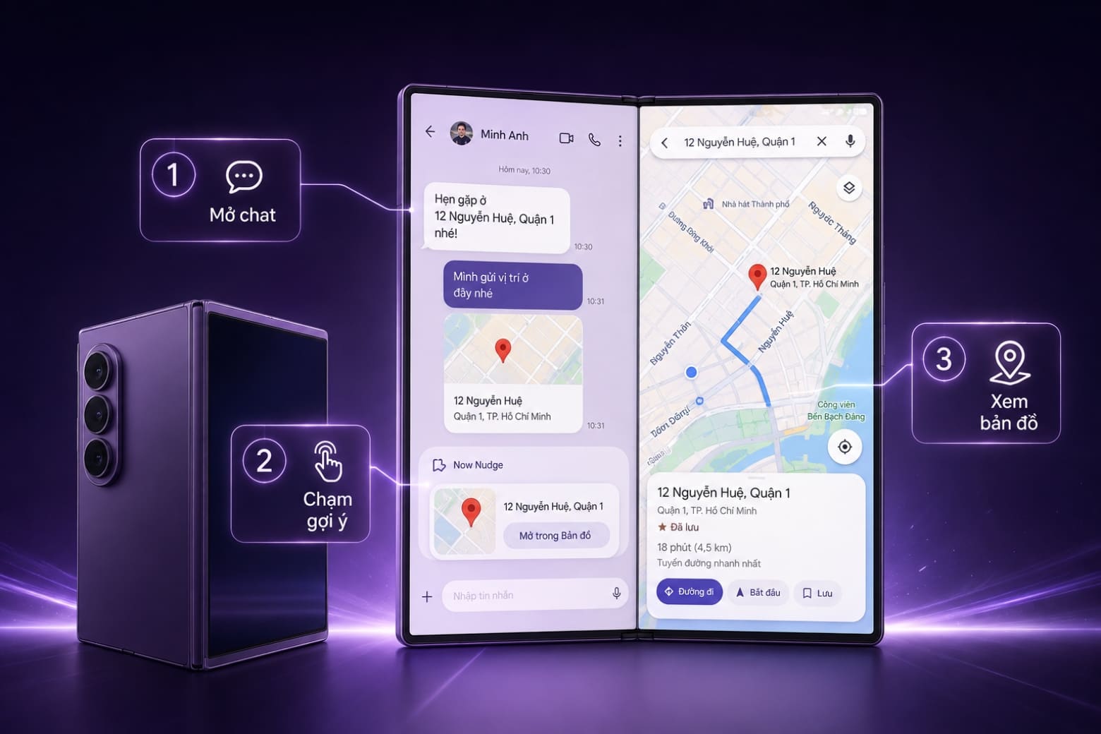 Hướng dẫn sử dụng Now Nudge trên Galaxy Z Fold8 Ultra chi tiết 12 Mở nhanh địa điểm từ tin nhắn mà không cần sao chép và tìm kiếm thủ công