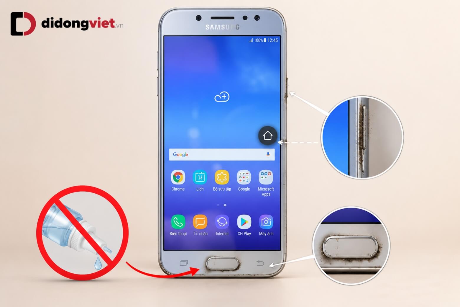 Hướng dẫn cài đặt nút Home Samsung và thanh điều hướng trên One UI 8.5 12 Nút Home Samsung vật lý bị kẹt bụi bẩn