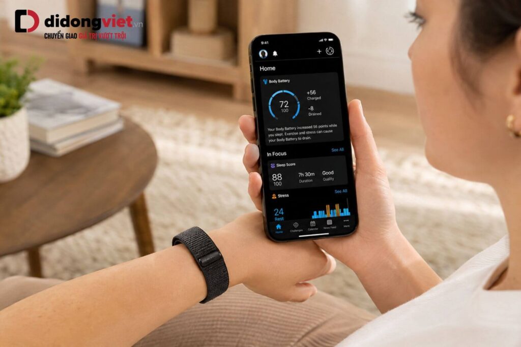 Đánh giá chi tiết Garmin CIRQA: Vòng tay sức khỏe không có màn hình 8 Giao diện ứng dụng Garmin Connect hiển thị thông số Body Battery từ Garmin CIRQA