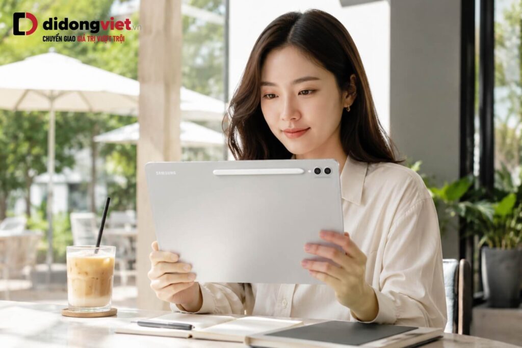 Samsung Galaxy Tab S10 Plus có mấy màu? Đánh giá thực tế từng phiên bản 8 Người dùng trải nghiệm Galaxy Tab S10 Plus chính hãng màu Bạc Platinum dưới ánh sáng tự nhiên