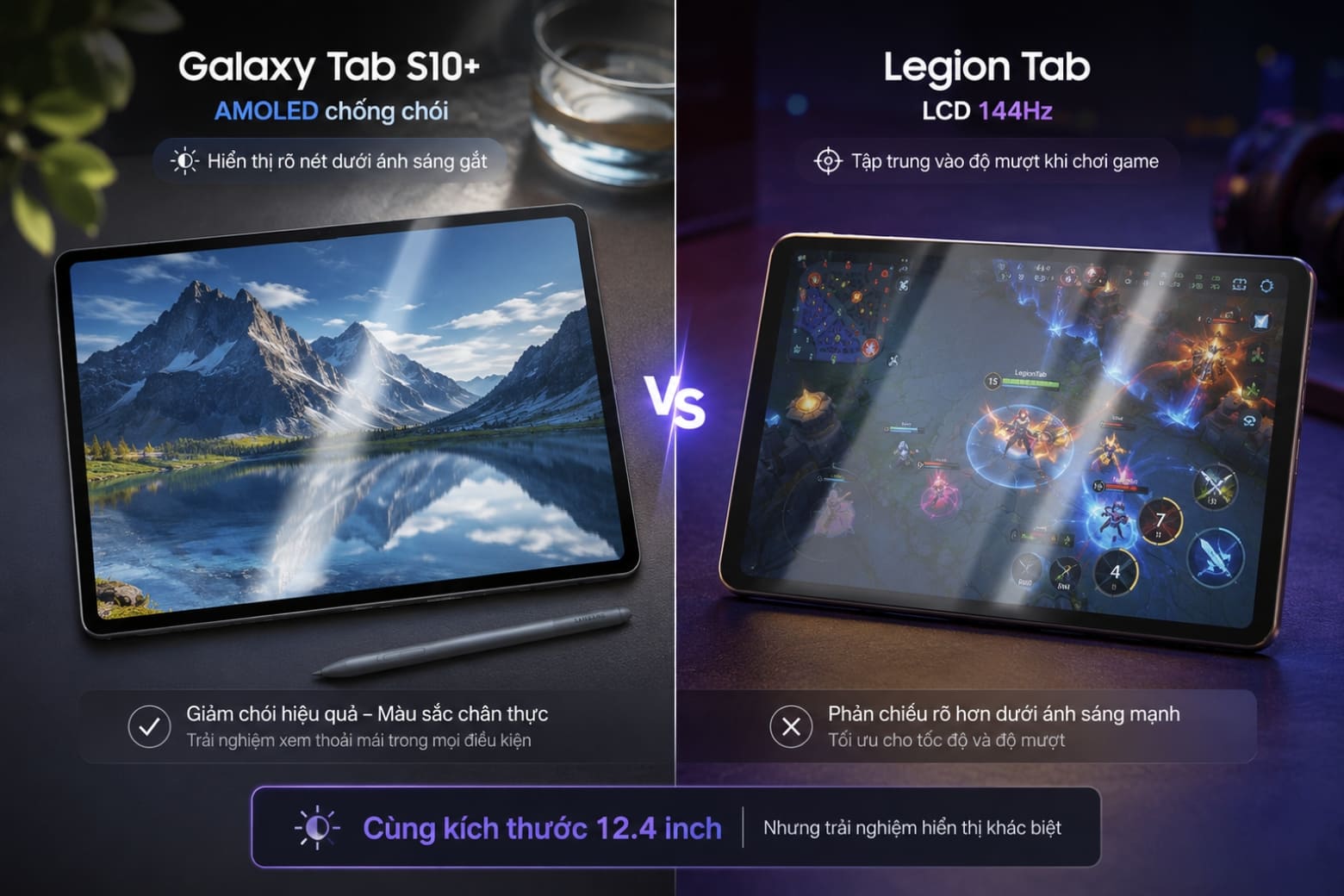 So sánh Samsung Tab S10 Plus và Lenovo Legion Tab giữa trải nghiệm toàn diện và hiệu năng thuần túy 6 So sánh màn hình AMOLED chống chói Tab S10 Plus và LCD 144Hz Legion Tab