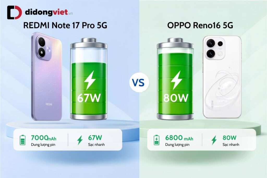 So sánh REDMI Note 17 Pro 5G và OPPO Reno16 5G thực tế trước khi xuống tiền 8 So sánh pin và tốc độ sạc giữa REDMI Note 17 Pro 5G và OPPO Reno16 5G