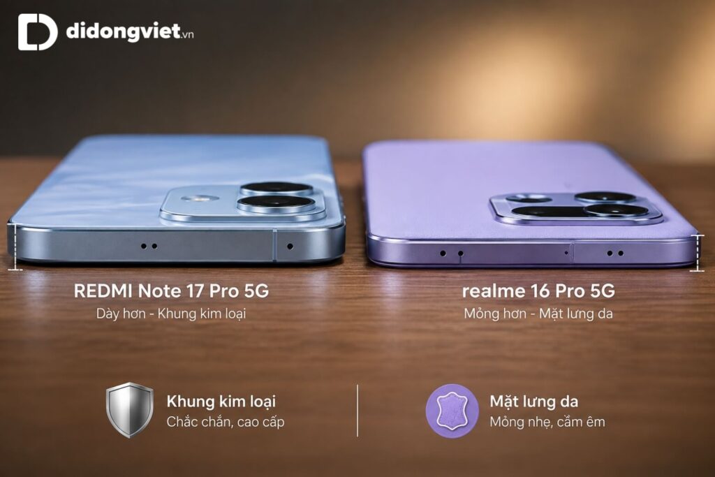 So sánh REDMI Note 17 Pro 5G và realme 16 Pro 5G chi tiết theo nhu cầu sử dụng 6 So sánh thiết kế và độ dày giữa REDMI Note 17 Pro 5G và realme 16 Pro 5G trên mặt bàn