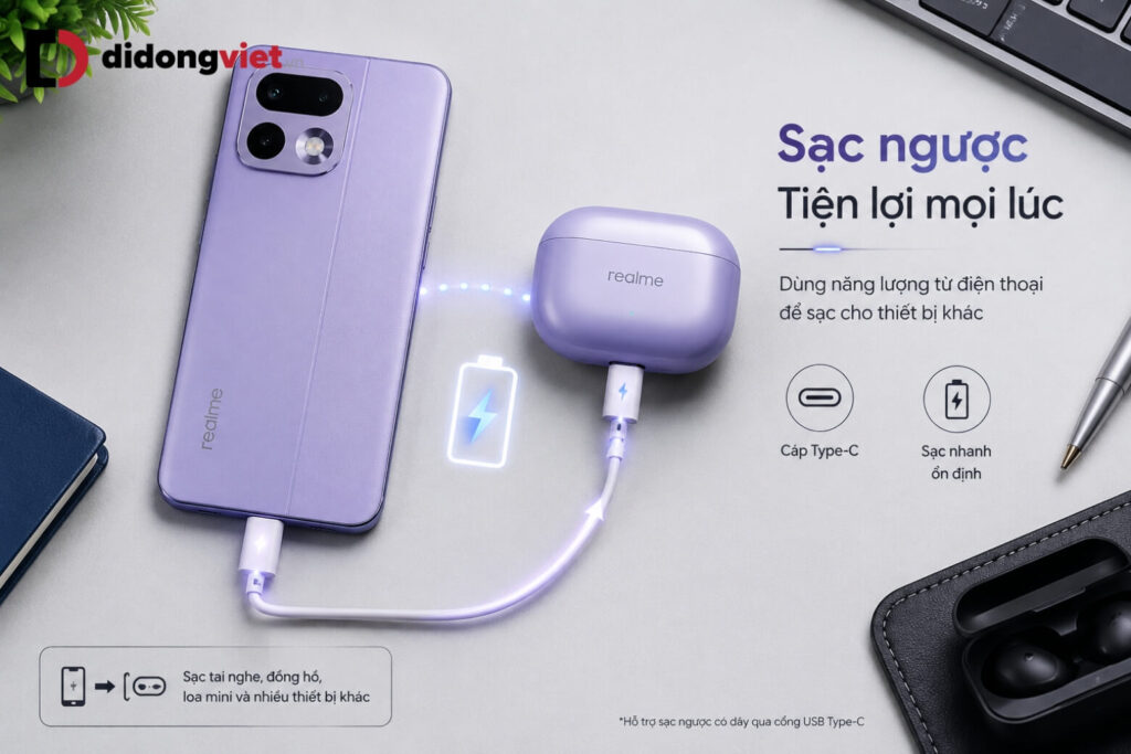 So sánh REDMI Note 17 Pro 5G và realme 16 Pro 5G chi tiết theo nhu cầu sử dụng 10 Điện thoại sử dụng tính năng sạc ngược cho tai nghe không dây qua cổng kết nối type-C