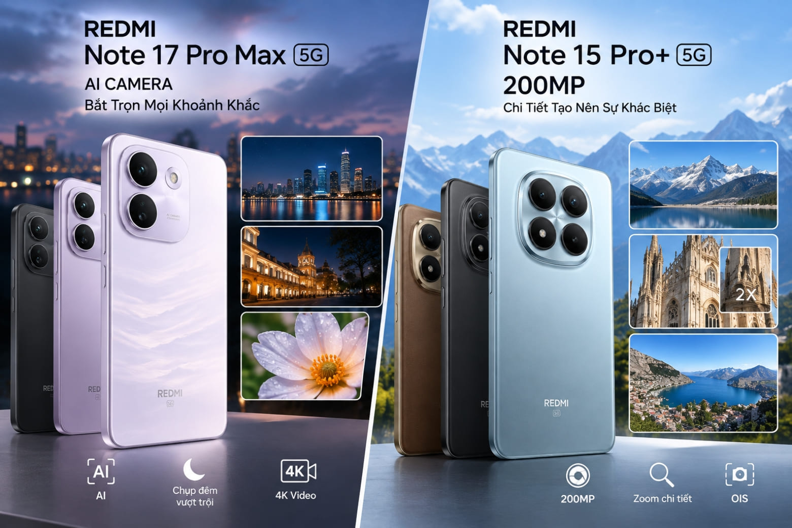 So sánh REDMI Note 17 Pro Max 5G và REDMI Note 15 Pro Plus: Nên chọn máy nào? 10 Note 15 Pro Plus ưu tiên chi tiết, thế hệ 17 chú trọng thiếu sáng
