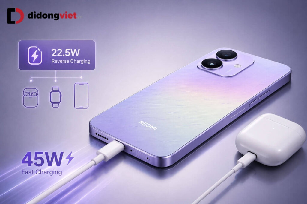 So sánh REDMI Note 17 và REDMI A7: Lựa chọn điện thoại theo nhu cầu và ngân sách 14 Redmi Note 17: Pin 8.000 mAh cùng sạc nhanh 45W, giảm đáng kể thời gian chờ sạc.