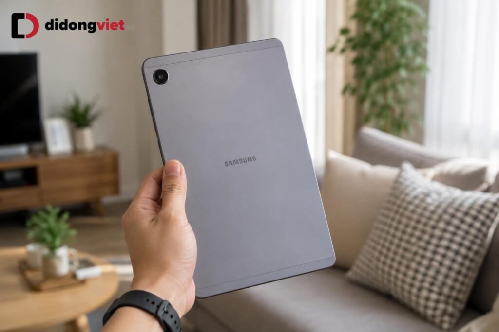 So sánh Samsung Tab A11 và Lenovo Tab M10 Gen 3: Chọn máy nào cho học tập và gia đình? 6 Cầm thiết kế nhỏ gọn của Samsung Tab A11 bằng một tay