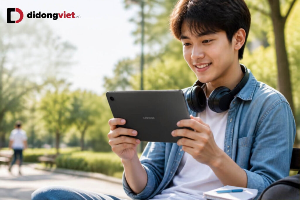 So sánh Samsung Tab A11 và Tab A11 LTE: Đâu là lựa chọn phù hợp cho bạn? 6 Sinh viên cầm máy tính bảng Samsung Galaxy Tab A11 học tập ngoài trời bằng mạng 4G
