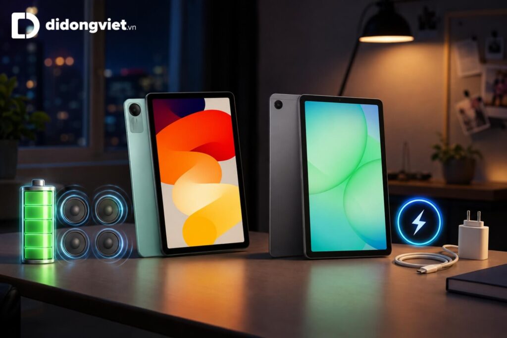 So sánh Samsung Tab A11 và Xiaomi REDMI Pad SE: Lựa chọn nào phù hợp tầm giá 4-5 triệu? 10 Xiaomi Tab pin 8.000mAh, 4 loa nhưng sạc 10W chậm; Samsung pin nhỏ hơn nhưng sạc 15W linh hoạt hơn.