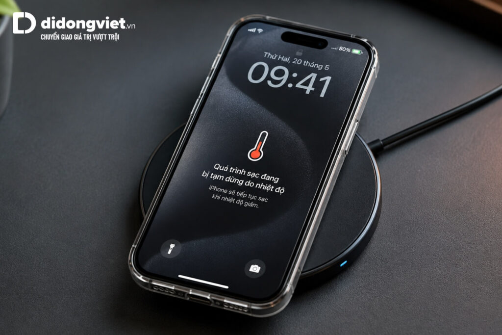 Tại sao iPhone đang sạc lại dừng? Nguyên nhân và cách xử lý 6 Thông báo iPhone tạm ngưng tiến trình sạc do nhiệt độ máy tăng cao
