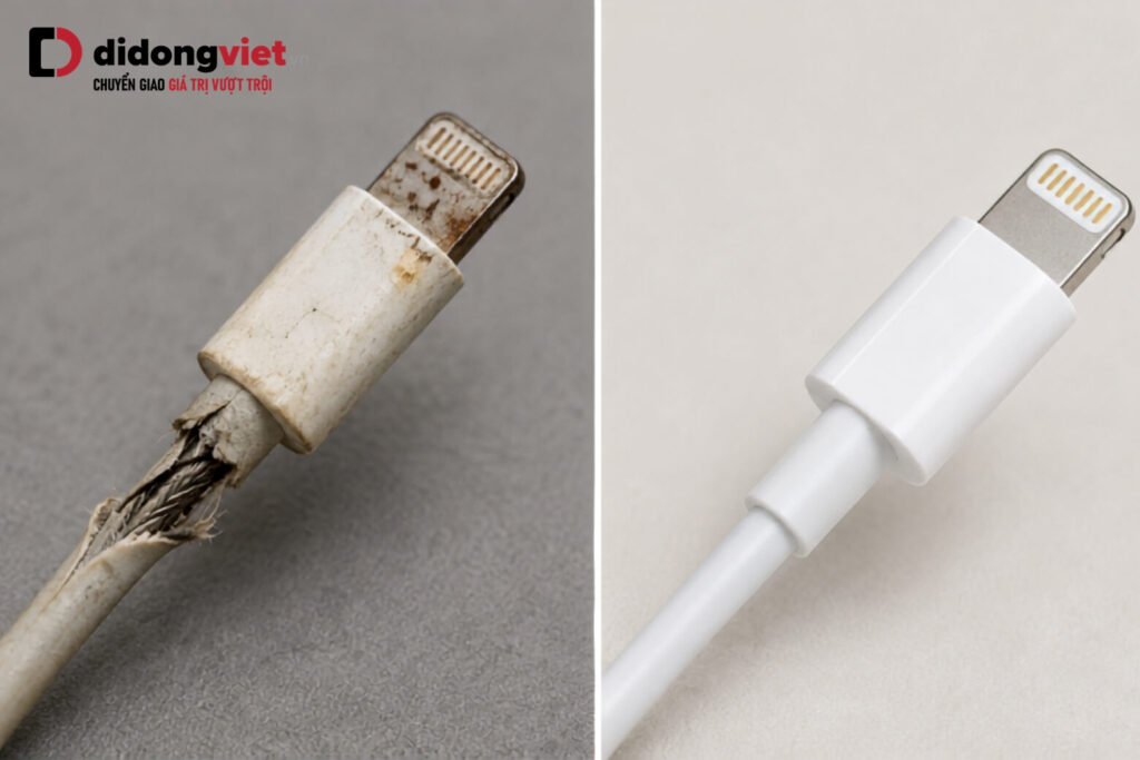 Tại sao iPhone đang sạc lại dừng? Nguyên nhân và cách xử lý 7 So sánh giữa cáp sạc iPhone bị rỉ sét và cáp sạc MFi đạt tiêu chuẩn