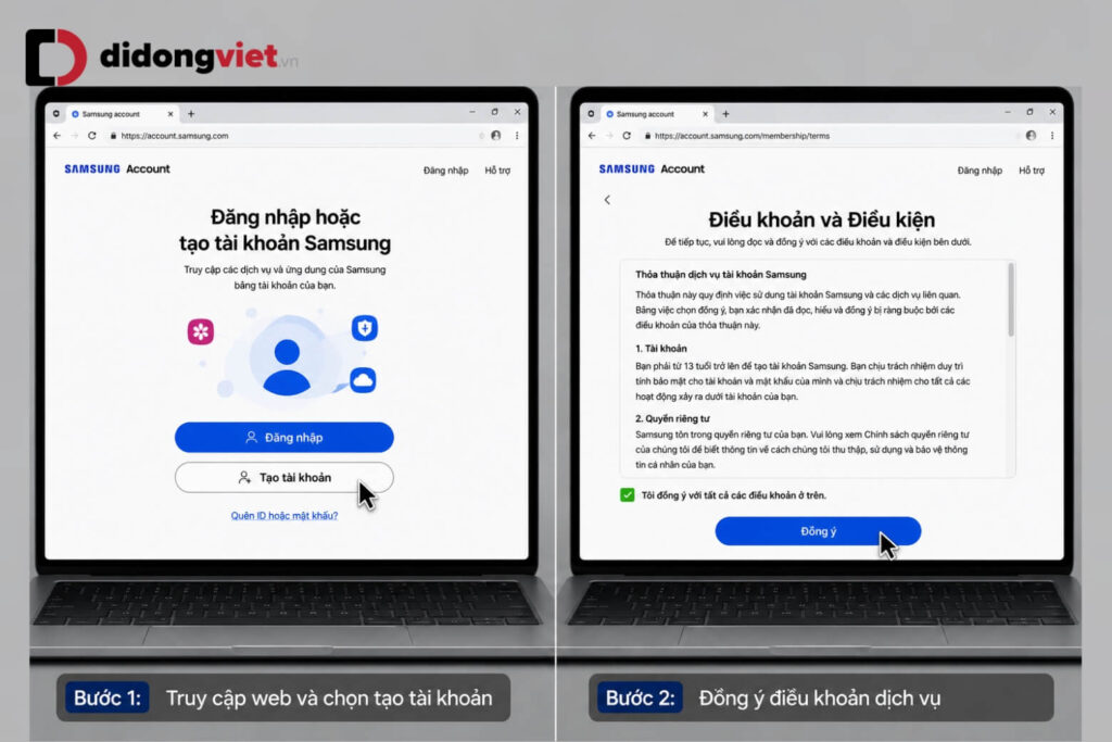 3 cách tạo tài khoản Samsung trên Tivi siêu dễ, cực nhanh 2026 18 Truy cập account.samsung.com trên máy tính, chọn Tạo tài khoản và đồng ý điều khoản.